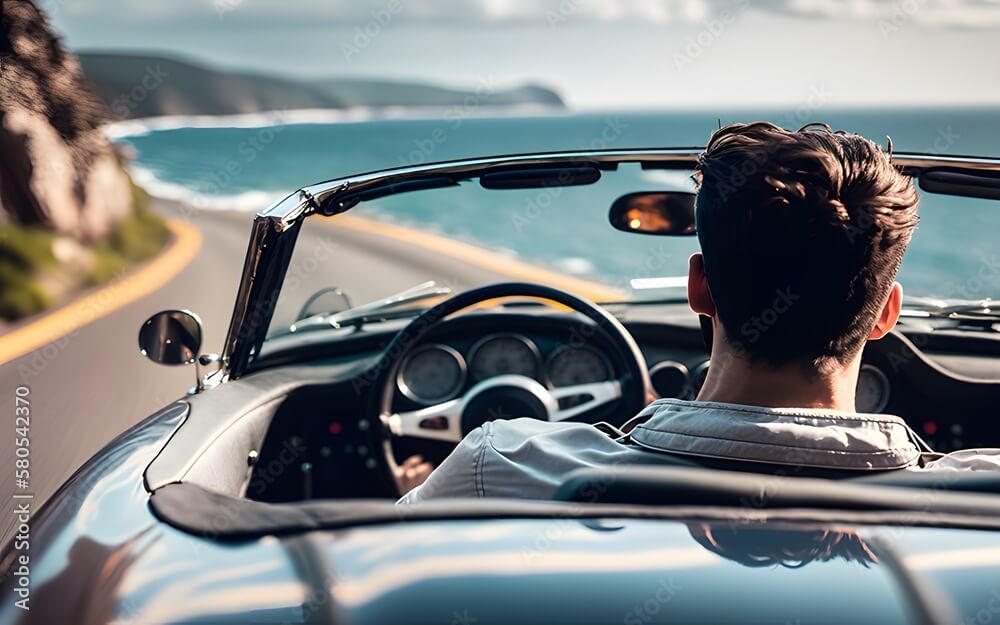 Young man driving in a convertible sports car photo from behind with copy space