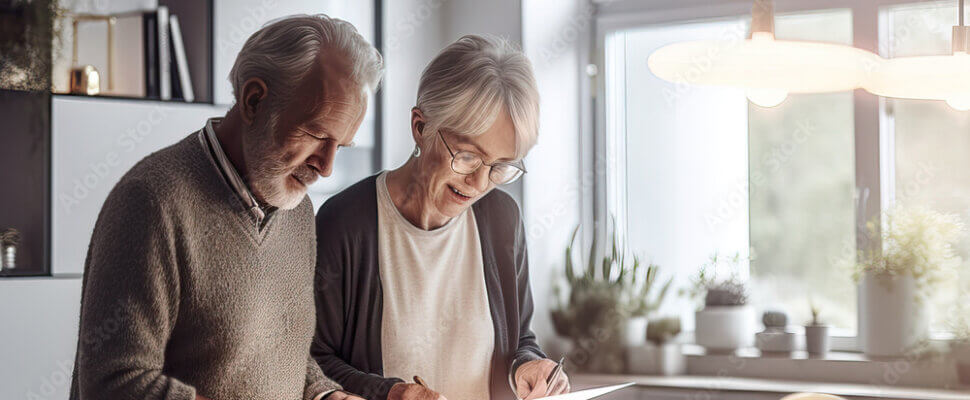 Elderly couple reviewing bills together at home, budgeting, financial planning, retirement, managing expenses, generative ai