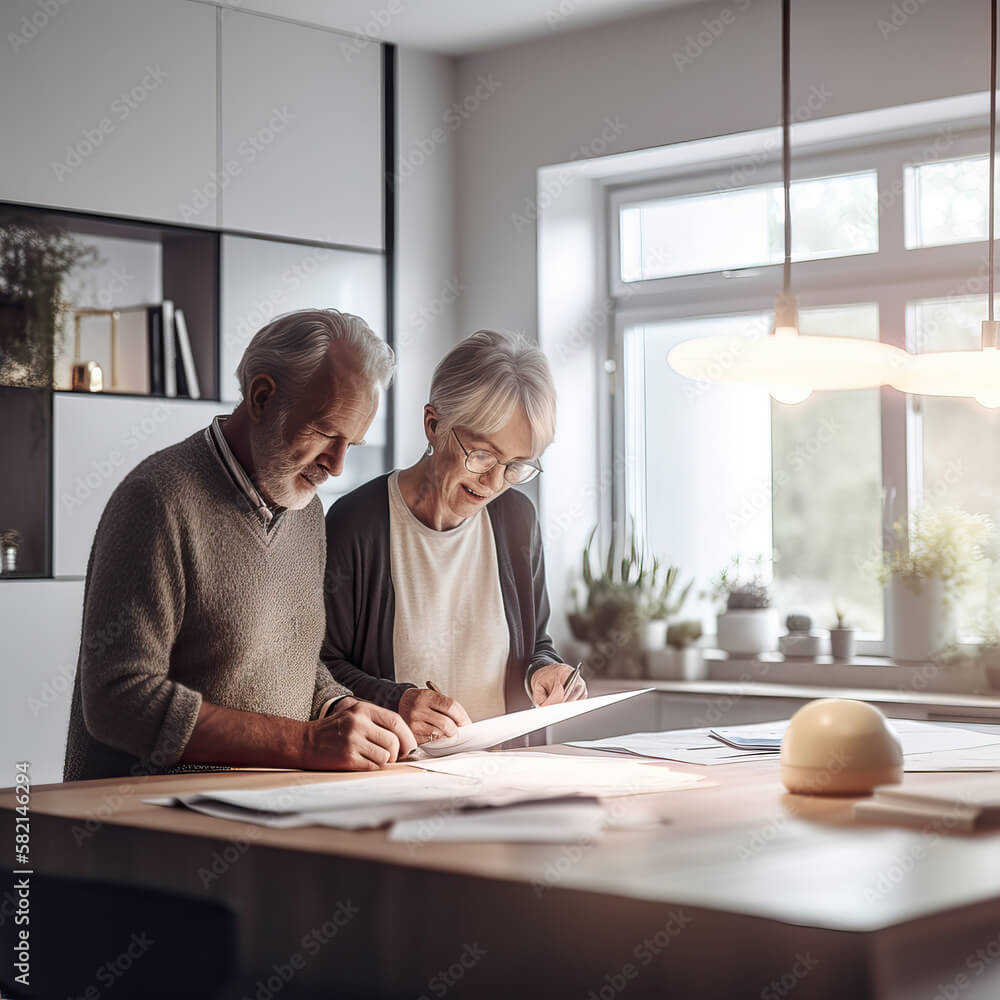 Elderly couple reviewing bills together at home, budgeting, financial planning, retirement, managing expenses, generative ai