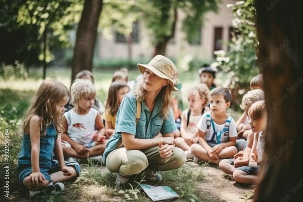 a preschool teacher with young young children outdoors in nature, leisure activities or school class. Generative AI