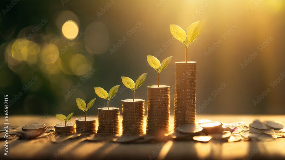 coins with money growing plant concept finance and banking. concept interest rates and dividends ,investment growth percentage and interest on deposits. Generative AI.